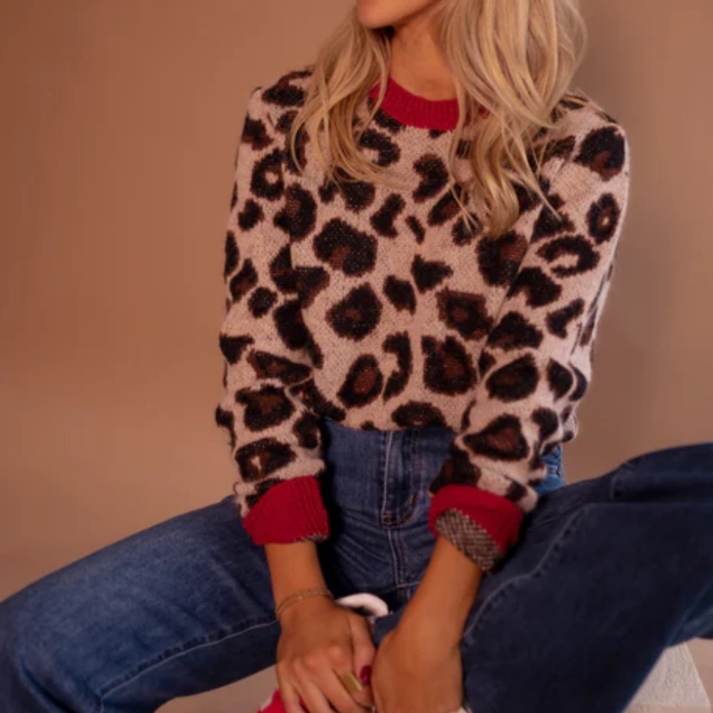 Easy Clothes Leopard And Red Riley Sweater size M/L - Picture 2 of 8